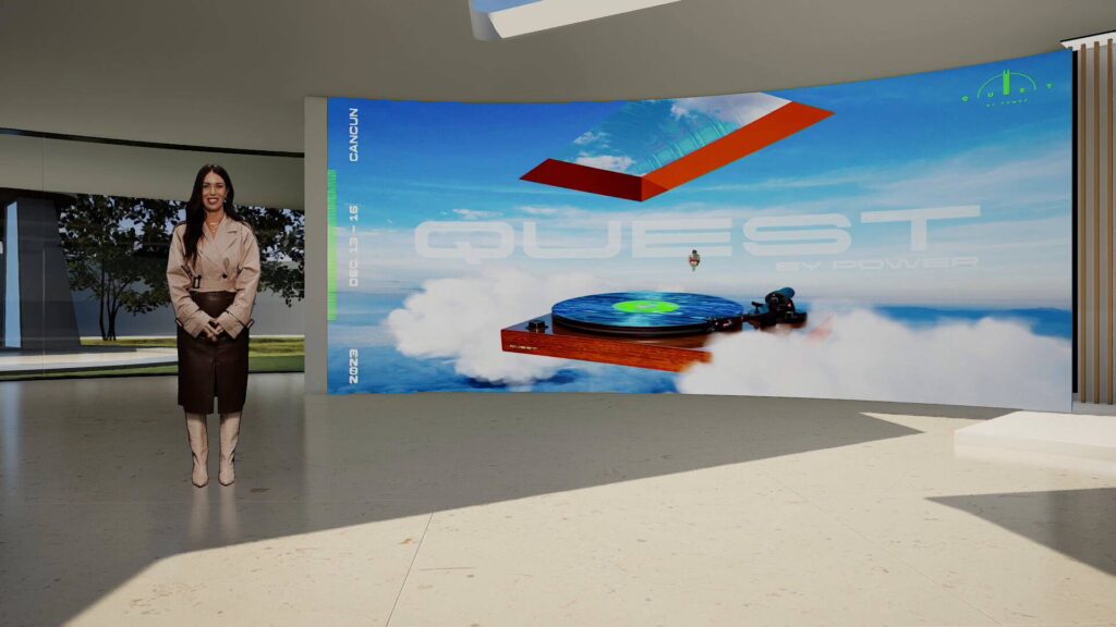 woman presenting news on virtual stage